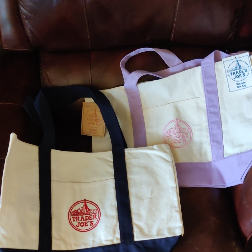 (2) 2026 Limited Edition LARGE Trader Joe's Canvas Tote Bags Navy And Lavender